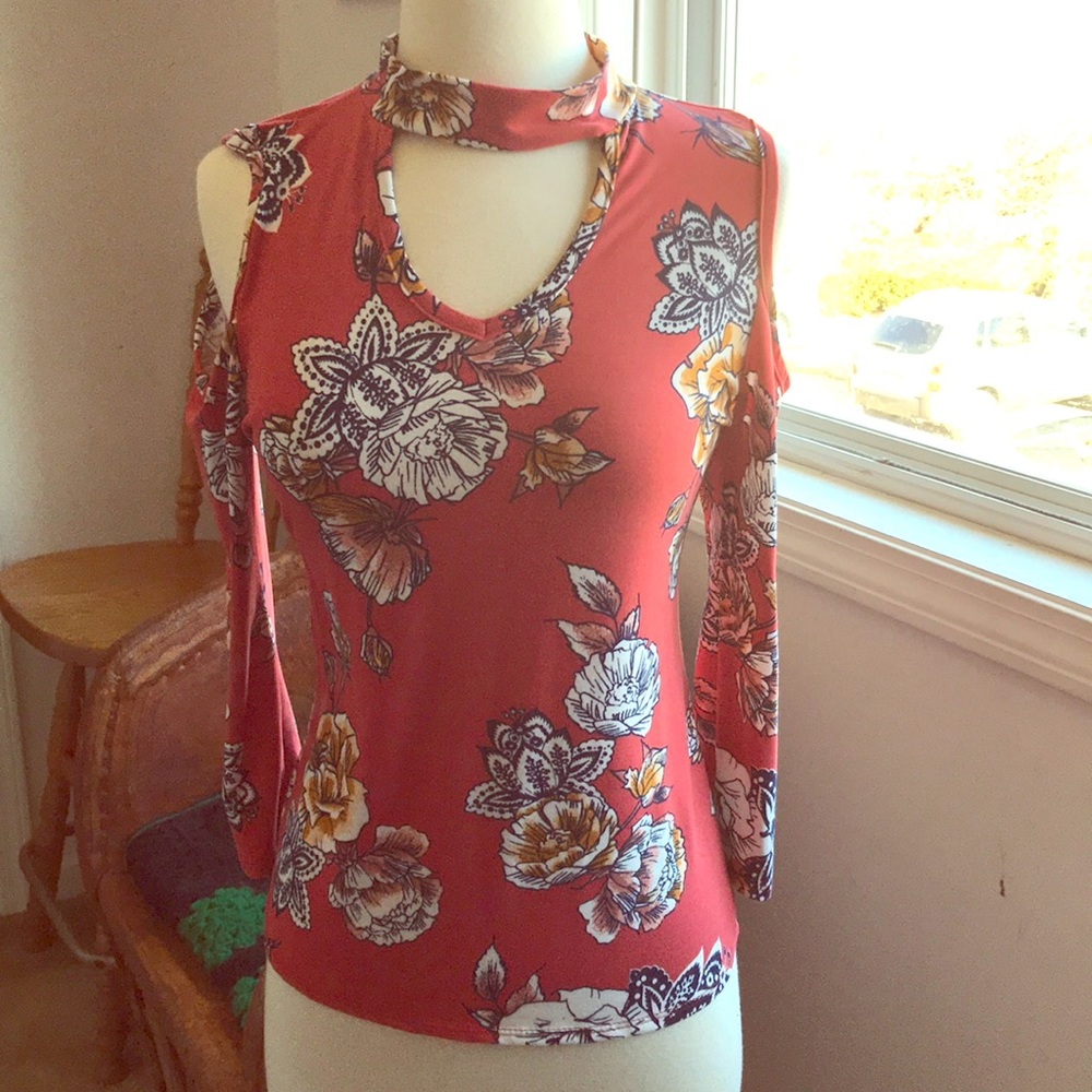 Peach And Floral Long Sleeve Cold Shoulder Top